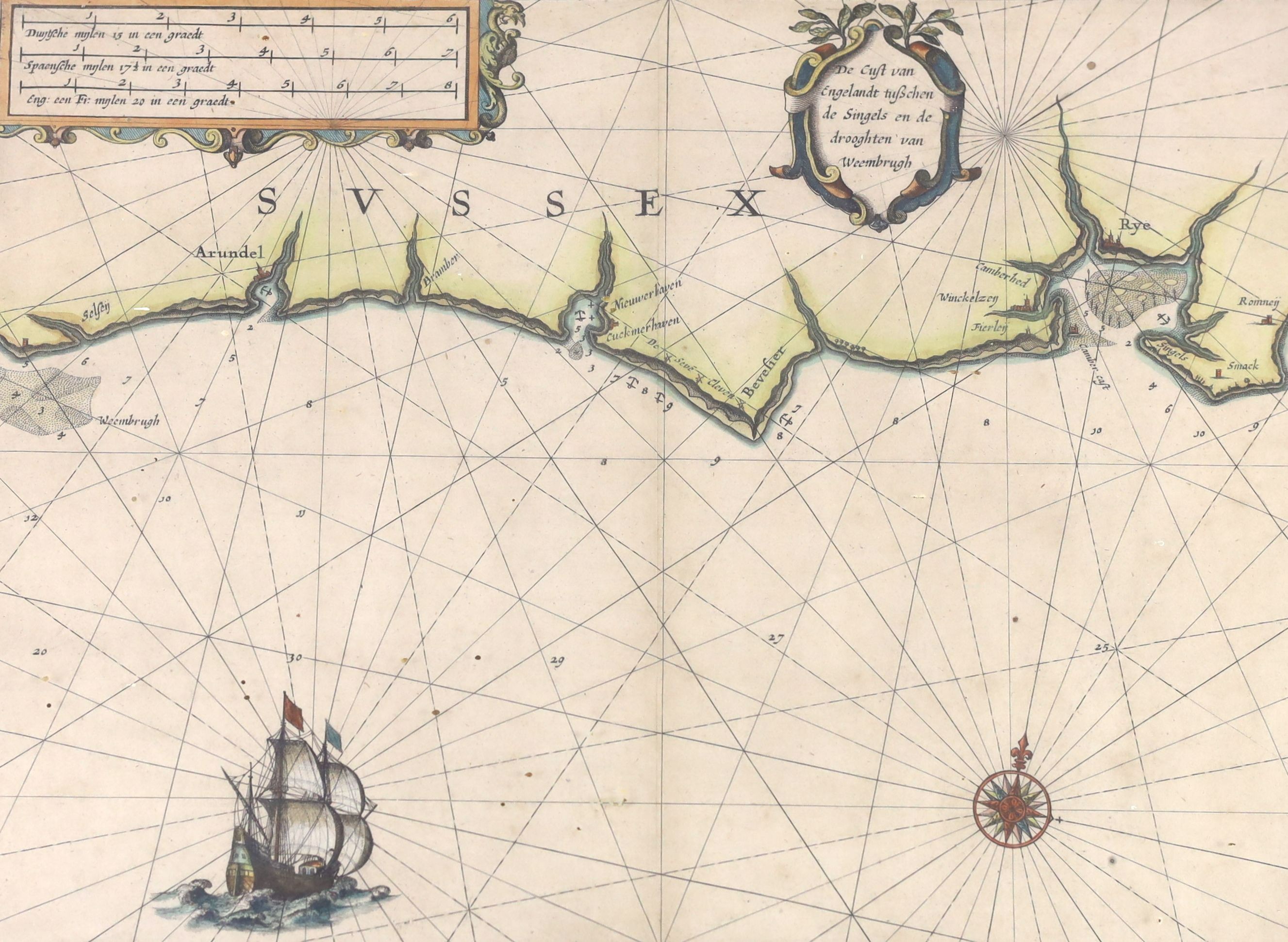 Blaeu, Jan. De cust van Engelandt tuschen de Singels en de drooghten van Weembrugh, [Sussex coast from Arundel to Rye], engraved hand-coloured map, framed and glazed, [1625 (Kingsley appendix II, no.6, p.342, and reprodu